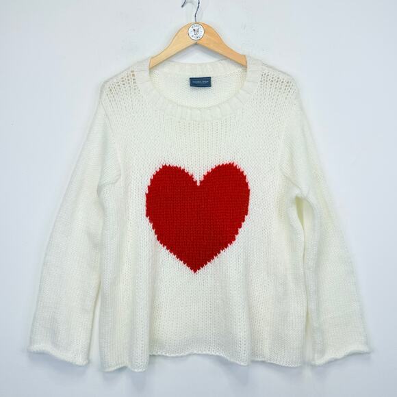 Wooden Ships Heart Sweater S/M Cream Red Mohair Wool Blend Chunky Knit Pullover - Picture 6 of 9